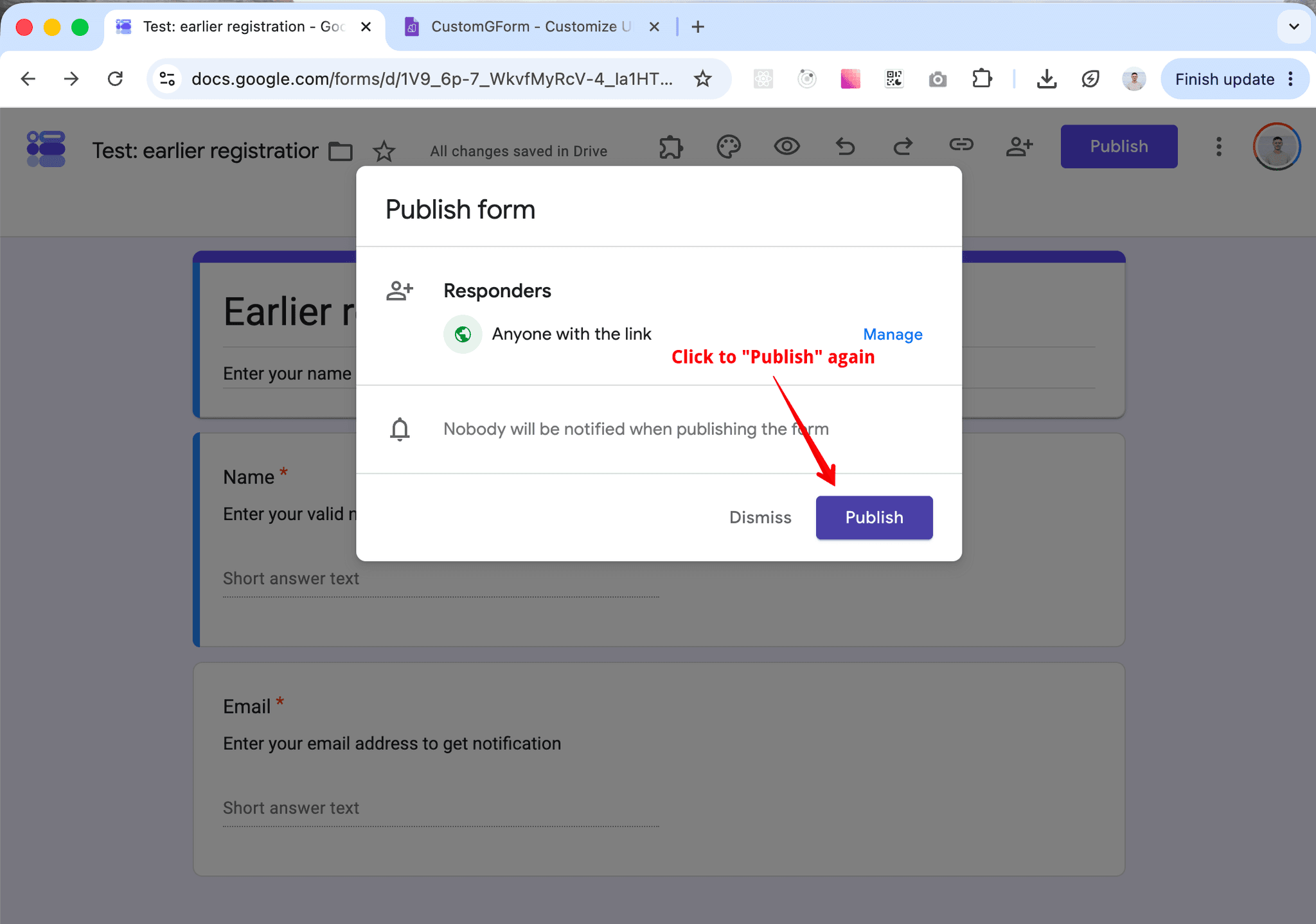 Publish popup